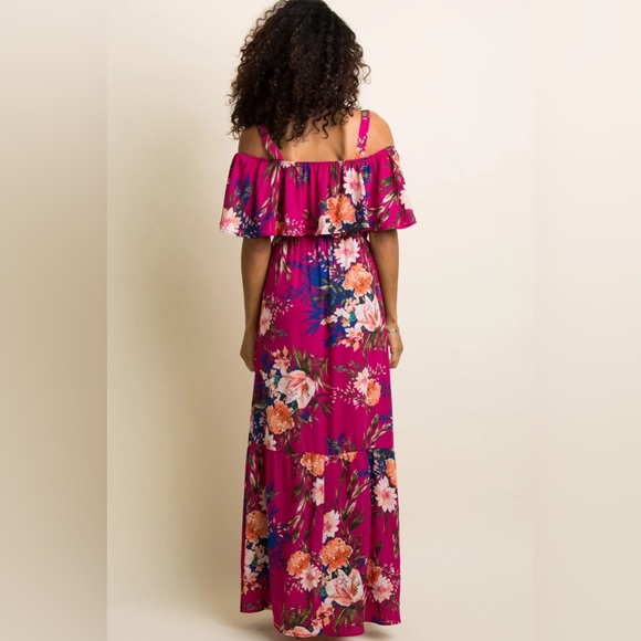 Magenta Floral Ruffle Open Shoulder Maxi Dress - PinkBlush - Size L - Picture 3 of 5